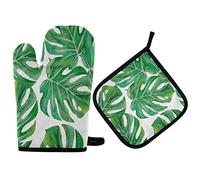 Mnsruu Monstera Ensemble gant de cuisine et manique résistant à la chaleur Motif feuilles vertes