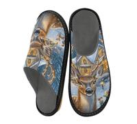 Mnsruu Pantoufles confortables pour homme - Motif cerf niché - Chaudes et pelucheuses - Semelles antidérapantes pour intérieur/extérieur, Cozy Cottage Cerf niché, 37.5/38 EU