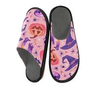 Mnsruu Pantoufles pour homme - Motif citrouille - Tête de mort - Chapeau de magicien - Chaudes et pelucheuses - Semelles antidérapantes pour intérieur/extérieur, Motif tête de mort citrouille, 38.5/39