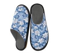 Mnsruu Pantoufles pour homme - Motif mandala - Blanc et bleu - Antidérapantes - Semelles intérieures et extérieures, Motif mandala gardénia blanc et bleu, 36/37 EU