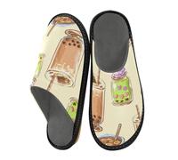 Mnsruu Pantoufles pour homme - Motif thé au lait - Fond jaune clair - Chaudes et pelucheuses - Semelles antidérapantes pour intérieur/extérieur, Photophore au lait fond jaune, 42/44 EU