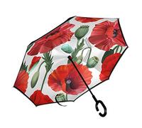 Mnsruu Parapluie double couche inversé avec bourgeons de coquelicot et fleurs de coquelicot pour voiture, extérieur, avec poignée en forme de C, protection contre le vent et les UV, Rouge, L