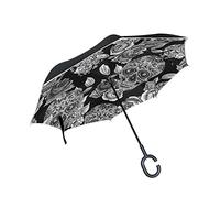 Mnsruu Parapluie inversé/réversible, tête de mort avec fleurs, parapluie pliable, long parapluie coupe-vent, double couche à l'envers, autonome pour homme et femme