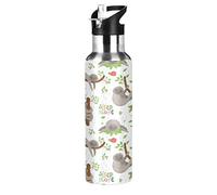 Mnsruu Paresseux Paresseux Drôle Mignon Isotherme Bouteille d'eau avec Paille, Gourde Sport en Acier Inoxydable 600ML Gourdes sans BPA pour Enfant Garçon Fille École Bureau