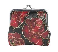 Mnsruu Porte-monnaie portable pour femmes et filles, roses rouges avec ligne dorée, pochette noire, mini porte-monnaie en cuir pour femmes et filles, cartes de crédit, clés, pièces de monnaie, casque,