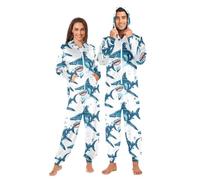 Mnsruu Pyjama grenouillère pour adulte pour homme et femme - Requin en colère - Bleu - Combinaison une pièce à capuche, multicolore, XL