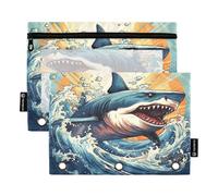 Mnsruu Shark Break Out of The Waves Lot de 2 trousses à crayons à 3 anneaux avec fermeture éclair et fenêtre transparente pour ranger les fournitures scolaires et de bureau, multicolore, Taille