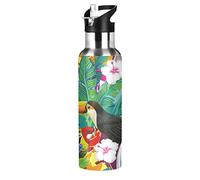 Mnsruu Toucan Oiseau Feuille De Palmier Jungle Animal Isotherme Bouteille d'eau avec Paille, Gourde Sport en Acier Inoxydable 600ML Gourdes sans BPA pour Enfant Garçon Fille École Bureau