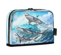 Mnsruu Trousse à crayons avec trois beaux requins sautant au-dessus des vagues debout, grande capacité pour garçons et filles, pochette à stylos multicouche, organiseur de papeterie pour l'école, le