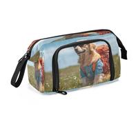 Mnsruu Trousse à crayons de grande capacité avec inscription « A Golden Retriever Standing on a Sunny Grass Field » - Pour garçons et filles, Un Golden Retriever se tient sur un champ d'herbe