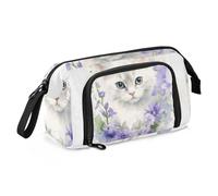 Mnsruu Trousse à crayons de grande capacité, motif fleurs violettes autour du chat, pochette pour papeterie, école, université, bureau pour adolescents, adultes, étudiants, Fleurs violettes autour du