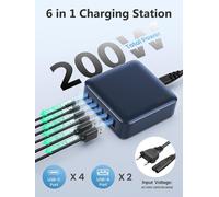 MNUUZ-200W Chargeur USB C Multiple, 6 Ports GaN III Tech Chargeur Rapide QC+PD 65W Chargeur Laptop Adaptateur avec 4 USB-C et 2 USB-A Multiprise USB pour MacBook Pro/Air, iPad, iPhone 16/15, Samsung