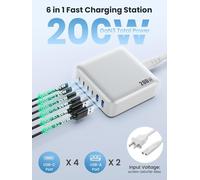 MNUUZ-200W Chargeur USB C Multiple, 6 Ports GaN III Tech Chargeur Rapide QC+PD 65W Chargeur Laptop Adaptateur avec 4 USB-C et 2 USB-A Multiprise USB pour MacBook Pro/Air, iPad, iPhone 16/15, Samsung