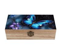 MNVTSKOP Boîte de rangement en bois motif papillon bleu galaxie avec couvercle à charnière - Boîtes décoratives pour souvenirs, décoration de la maison