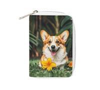 MNVTSKOP Étui pour cartes de crédit en cuir souple avec 20 emplacements pour cartes d'identité, fermeture éclair, pour homme et femme, motif fleurs tropicales et corgi, Fleur tropicale et corgi, 3.15