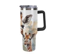 MNVTSKOP Gobelet de 1200 ml avec poignée et paille - Noir - Imprimé aquarelle - Cerf et girafe - En acier inoxydable - Anti-fuite - Pour voyage, camping, salle de sport