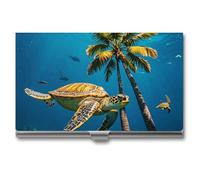 MNVTSKOP Porte-cartes de visite fin en métal - Porte-cartes de visite - Porte-cartes de visite - Palmiers et tortues de mer - Plongée sous-marine - Organisateur professionnel de cartes de visite