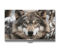 MNVTSKOP Porte-cartes de visite fin en métal pour cartes de visite - Porte-cartes de visite Lmage of Wolf in the Snow - Organisateur professionnel de cartes de visite - Porte-cartes de crédit pour