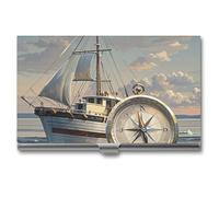 MNVTSKOP Porte-cartes de visite fin en métal pour cartes de visite, porte-cartes de visite, porte-cartes de visite, porte-cartes de visite professionnel pour homme et femme, bateau et boussole, 9,4 x