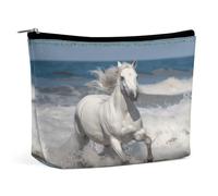 MNVTSKOP Trousse de maquillage de voyage avec cheval blanc courant sur la mer - Grande capacité - Trousse de toilette portable tendance pour femme