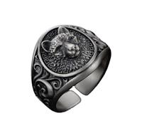 Mnyixsi Bague ouverte vintage en argent sterling 925 avec tête de loup pour homme, bague totem classique Viking nordique tête de loup sculptée à la main, bijou cadeau pour anniversaire, fête à thème,