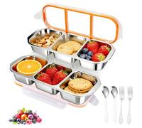 MOAMUN Lot de 2 boîtes à goûter en acier inoxydable avec compartiments, boîte à déjeuner étanche avec cuillère, fourchette et couvercle étanche, 3 compartiments réutilisables pour bureau, école