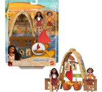 Mattel Disney Vaiana 2 jouets, ensemble de jeu Vaiana et Loto avec 2 petites poupées, figurine Heihei, bateau flottant et 5 accessoires