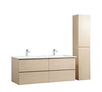 MOB-IN Meuble Double Vasque 120cm avec Plan céramique Sorrento Décor chêne + Colonne