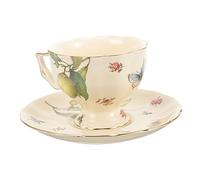 Mobestech 1ensemble Tasses À Café Céramique avec Soucoupes Tasses À Latte Vintage Motif Citron Et Fleurs Thé Après-midi Français Et Anglais Mug Confortable Et Résistant