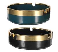 Mobestech Cendrier Rond en Céramique Léger 2 Pièces Vert Foncé et Noir Accents Dorés Cendrier Décoratif Portable pour Maison Bureau et Terrasse Résistant au Vent de Table Polyvalent