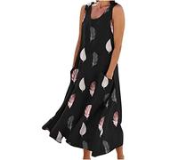 Mobeur Robe longue d'été décontractée à col rond sans manches en lin pour femme - Robe t-shirt ample et fluide à imprimé floral - Robe d'été hawaïenne surdimensionnée avec poches, 01# Imprimé plumes,