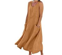 Mobeur Robe longue d'été décontractée à col rond sans manches en lin pour femme - Robe t-shirt ample et fluide à imprimé floral - Robe d'été hawaïenne surdimensionnée avec poches, #04 Kaki, 5X-Large