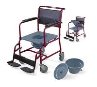 Mobiclinic, Chaise percée à roulettes, Mod. ancla, Marque européenne, Pot, Toilette avec accoudoirs rabattables et réglables en hauteur, Repose-pieds amovibles, Acier, Bordeaux