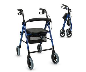 Mobiclinic, Déambulateur 4 roues, Mod. hércules, Marque européenne, Pliable et réglable, Rollator, Avec siège, Panier freins, Léger, Bleu