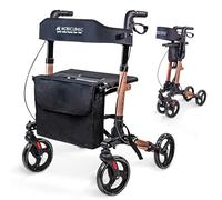 Mobiclinic®, Déambulateur 4 Roues Pliable Léger, Siège et Dossier, Jusqu'à 136 kg, Or Rose, Hauteur Réglable, Panier de Rangement, Porte-Canne, Freins et Verrouillage de Sécurité, Aluminium, Trajano