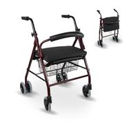 Mobiclinic, Déambulateur avec coussin viscoélastique, Prado plus, Freins à pression, Aluminium, Pliable, Panier, Siège, Pour personnes âgées, Léger, 4 roues, Bordeaux