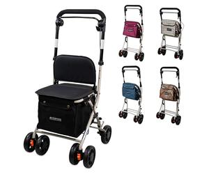 Mobiclinic®, Déambulateur pliant, Chariot de courses avec siège, 21 l, Coliseo, Marque europénne, Levier unique, Acier, Rembourré, Système freinage, Sac à provisions, Noir