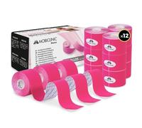 Mobiclinic®, Pack 12 rouleaux bande kinesiologie, Neuro-musculaire adhésive, De 5m x 5cm, Sport tape, Soulagement des douleurs musculaires, Kinesiotape, Face (Rose)