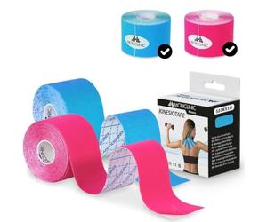 Mobiclinic, Pack de 2 kinesiotape, Mobitape, Bandage neuromusculaire, Elastique, Imperméable, Bande kinésiologique, Convient pour plusieurs zones, Rouleau, 5mx5cm, Rose et bleu