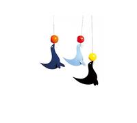 Flensted Mobile en film sérigraphié en bleu, rouge, jaune, orange, motif lions de mer, Ole Flensted, dimensions : 51 x 35 cm, 088