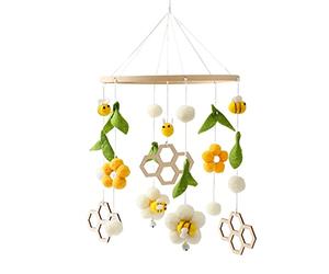 Mobile bébé en bois + pelote de laine, fleurs et abeilles fraîches, carillon éolien, hochet table à langer, cloche de lit suspendue, cadeau nouveau-né pour bébé (abeille + nid d'abeille)