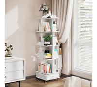 Mobile Bibliothèque Rotative, Étagère Tournante 360° avec 4 Roues Frein, Meuble de Rangement pour Salon Bureau Chambre, Blanc (4 Niveaux)
