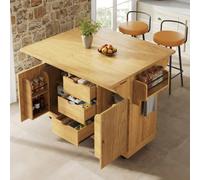 Mobile Desserte de Cuisine Rangement Roulettes à Freins avec Plan Pliable | 143cm,Buffet Chariot Ilôt 3 Tiroirs,Étagère Réglables,Range Snacks Porte-Serviettes Latérales,Jardin,Terrasse,Chambre,Salon