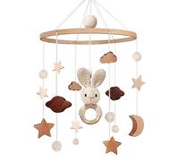 Mobile en bois pour bébé - Cloche de lit - Carillon éolien avec nuages et étoiles - Crochet amovible - Lapin - Jouet mobile pour chambre de bébé - Cadeau pour filles et garçons