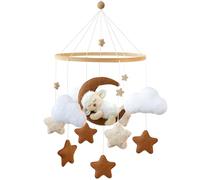 Mobile en bois pour bébé - Motif agneaux dormant sur la lune - Carillon éolien avec balles en feutre - Nuage et étoile - Pour chambre de bébé - Mobile - Pour nouveau-né, garçon et fille