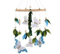 Mobile papillon pour berceau - Un beau mobile papillon bleu fait main avec feuilles vertes, détails blancs et dorés