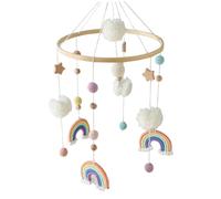 Mobile pour berceau 9x19 pouces motif arc-en-ciel étoiles pompons et boules en crochet avec anneau de support en bambou pour attirer l'attention de bébé et favoriser le développement des yeux des