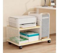 Mobile Printer Shelf, Mobile Printer Stand with 4 Swivel Wheels, 2-Tier Wooden & Iron Mesh Cart, Compact Rolling Organizer for Home Office, Multiple Color Options(White frame - Solid wood board)