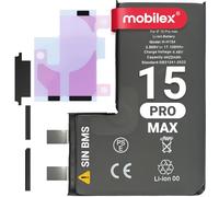 MOBILEX Batterie sans BMS pour iPhone 15 Pro Max | 4441 mAh - Capacité d'origine | Cellule interne de rechange | OEM | Sans câble Flex