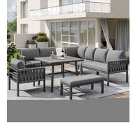 Mobilier de jardin, ensemble canapé d’angle avec structure en fer galvanisé, tressage en corde, plateau verre trempé et pie